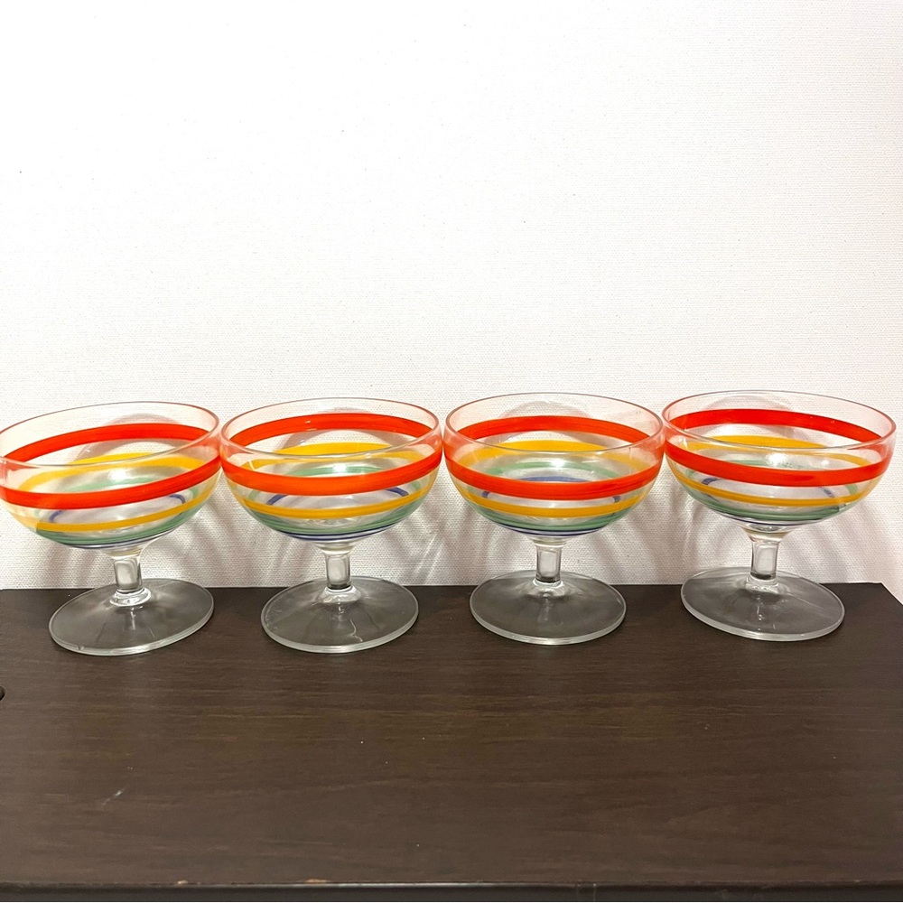 Four Sherbet Glasses Striped Fiesta-like colors Go Along Style Not Confirmed
